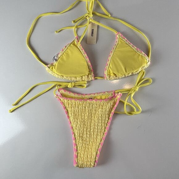 Seamolly Yellow Pink Trim Textured Size XS Bathing Suit Bikini Contrast Whip - Picture 2 of 14